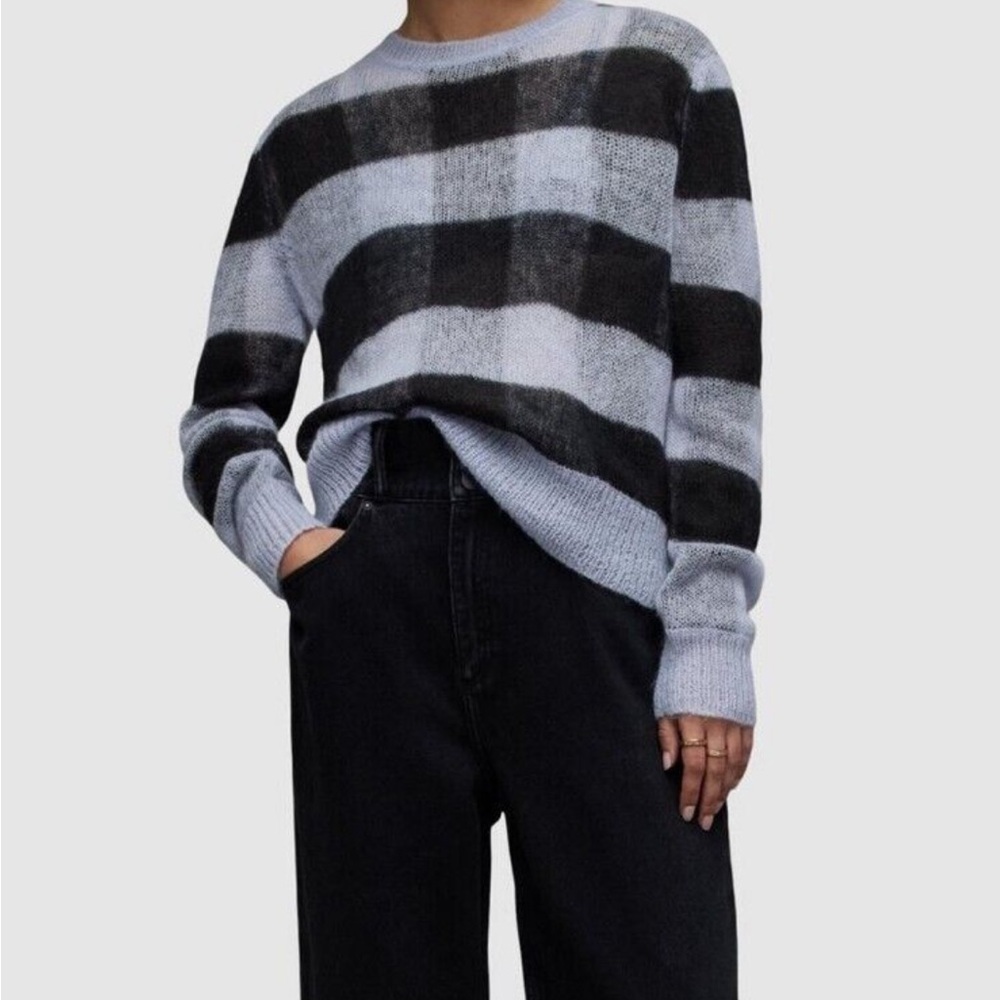 All Saints Renee Mohair Crewneck Sweater Blue Black Checkered - Picture 2 of 7